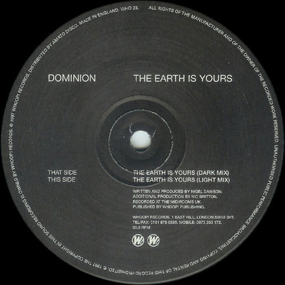 Dominion - The Earth Is Yours | Very Good Plus (VG+) Excellent (EX) - PROGRESSIVE / USED *VERY GOOD++*