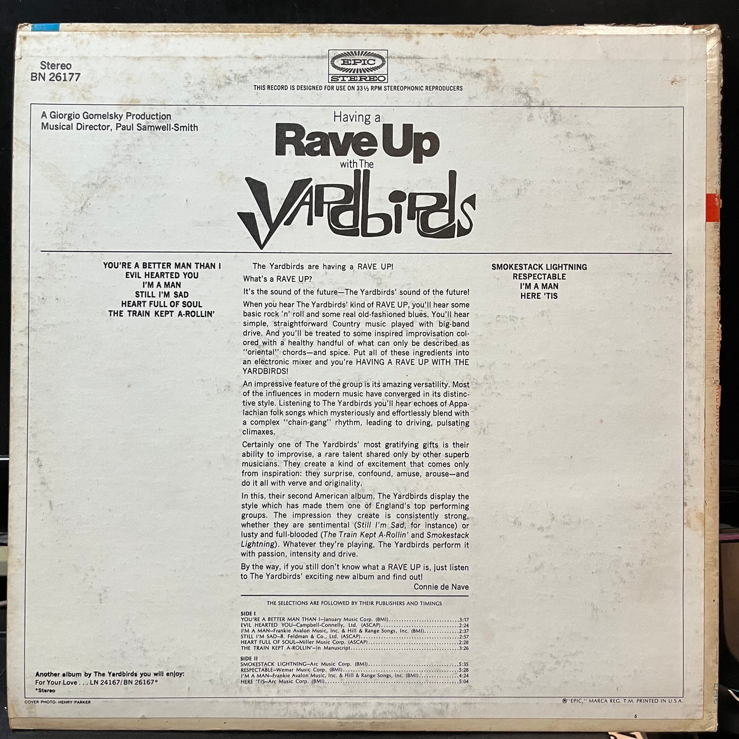 The Yardbirds - Having A Rave Up With The Yardbirds (VINYL LP EPIC BN 26177 1965) | Near Mint (NM or M-) Very Good (VG) - ROCK/GARAGE / USED *NEAR MINT*