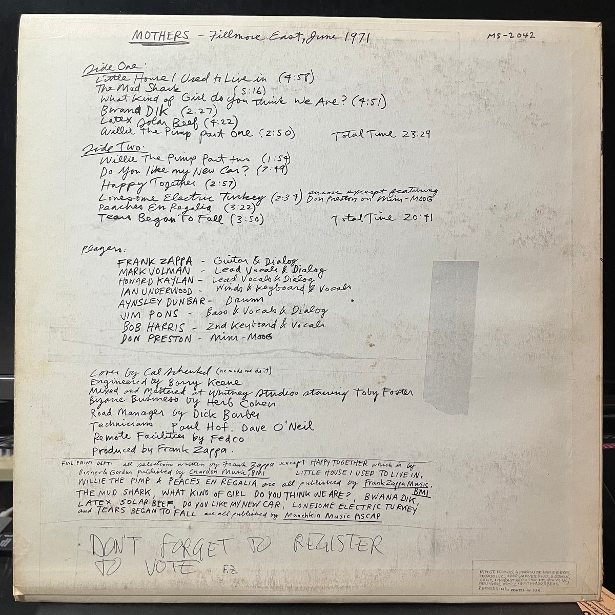 The Mothers - Fillmore East - June 1971 (VINYL LP) | USED Very Good (VG) Very Good Plus (VG+) - ROCK/PSYCH / USED *VERY GOOD*