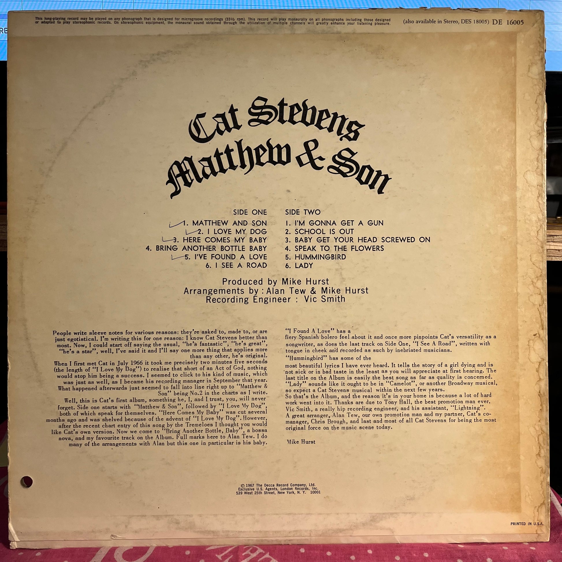 Cat Stevens - Matthew & Son *MONO* | Excellent (EX) Very Good Plus (VG+) - ROCK / USED *EXCELLENT+*