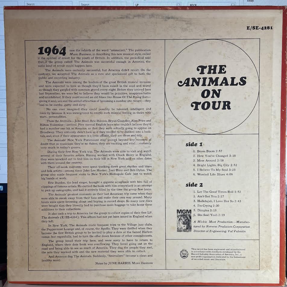 The Animals On Tour (VINYL) | Excellent+ (EX+) Excellent (EX) - ROCK / USED *EXCELLENT+*