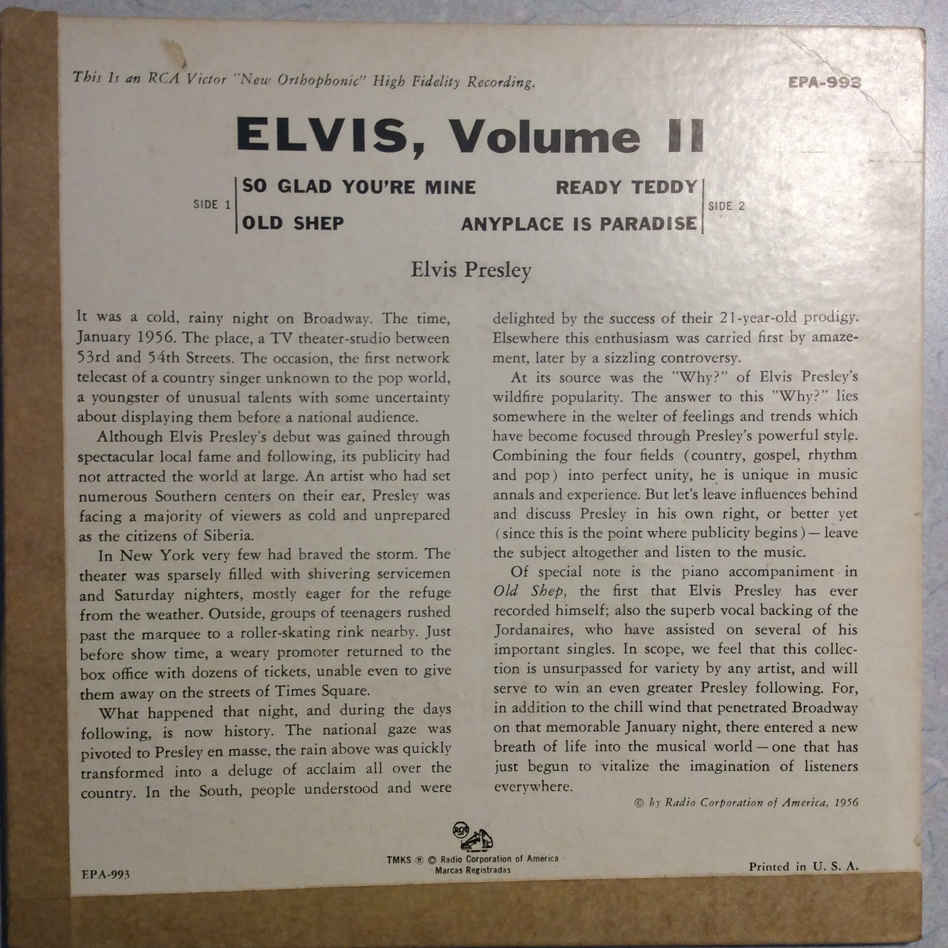 Elvis, Volume ll (7" VINYL) | Excellent (EX) Excellent (EX) - ROCK / USED *EXCELLENT*