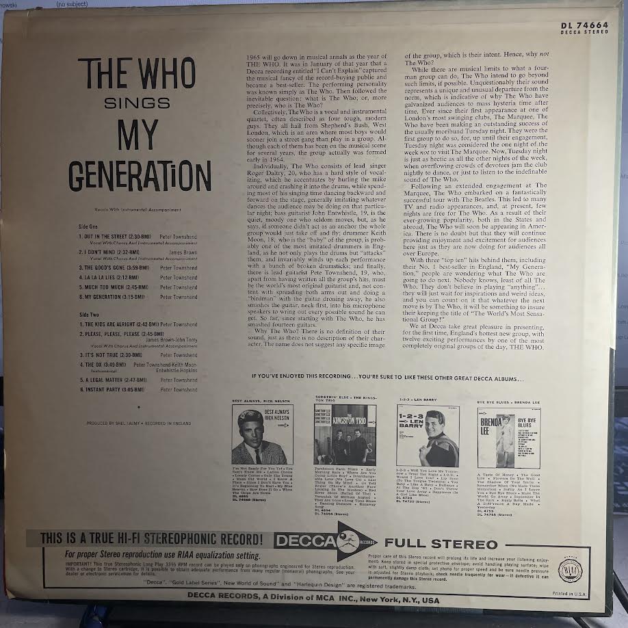 The Who Sings My Generation (VINYL) | Excellent (EX) Very Good Plus (VG+) - ROCK / USED *EXCELLENT*