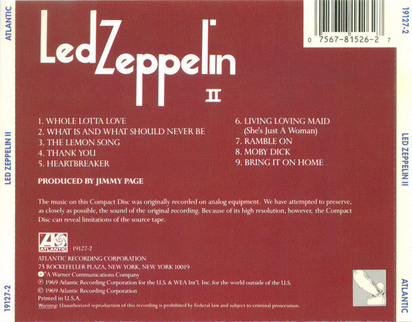 Led Zeppelin II (CD) | Excellent (EX) Near Mint (NM or M-) - ROCK / USED *EXCELLENT*