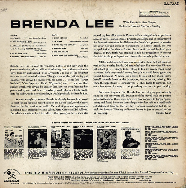 Brenda Lee - Brenda Lee *GLOVERSVILLE* | Good Plus (G+) Very Good (VG) - ROCK / USED *GOOD++*