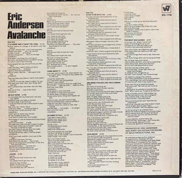 Eric Andersen (2) - Avalanche *TERRE HAUTE* | Near Mint (NM) Excellent (EX) - ROCK / USED *NEAR MINT*