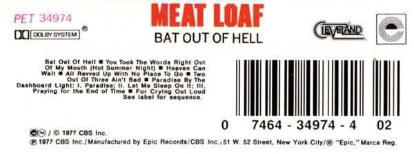 Meat Loaf - Bat Out Of Hell (CASSETTE) | Near Mint (NM) Near Mint (NM) - ROCK / USED *NEAR MINT*