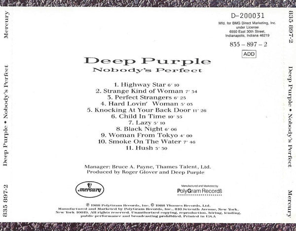 Nobody's Perfect (CD) | Near Mint (NM) Near Mint (NM) - ROCK / USED *NEAR MINT*