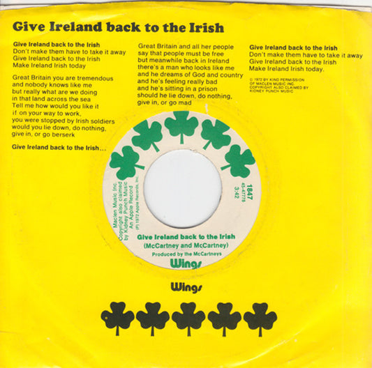 Give Ireland Back To The Irish (7" VINYL) | Near Mint (NM or M-) Very Good Plus (VG+) - ROCK / USED *NEAR MINT*