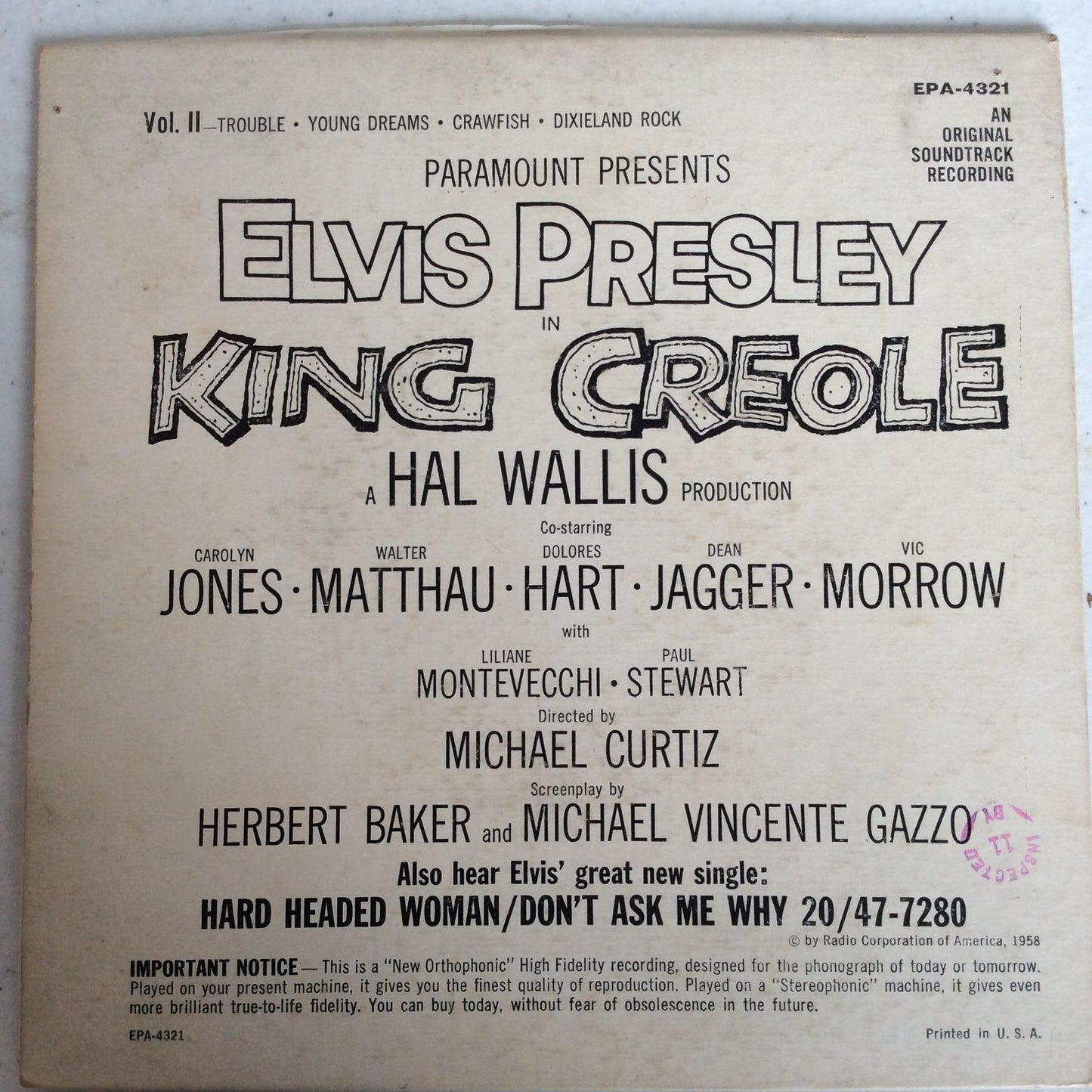 King Creole Vol.2 (7" VINYL) | Very Good (VG) Very Good Plus (VG+) - ROCK / USED *VERY GOOD+*