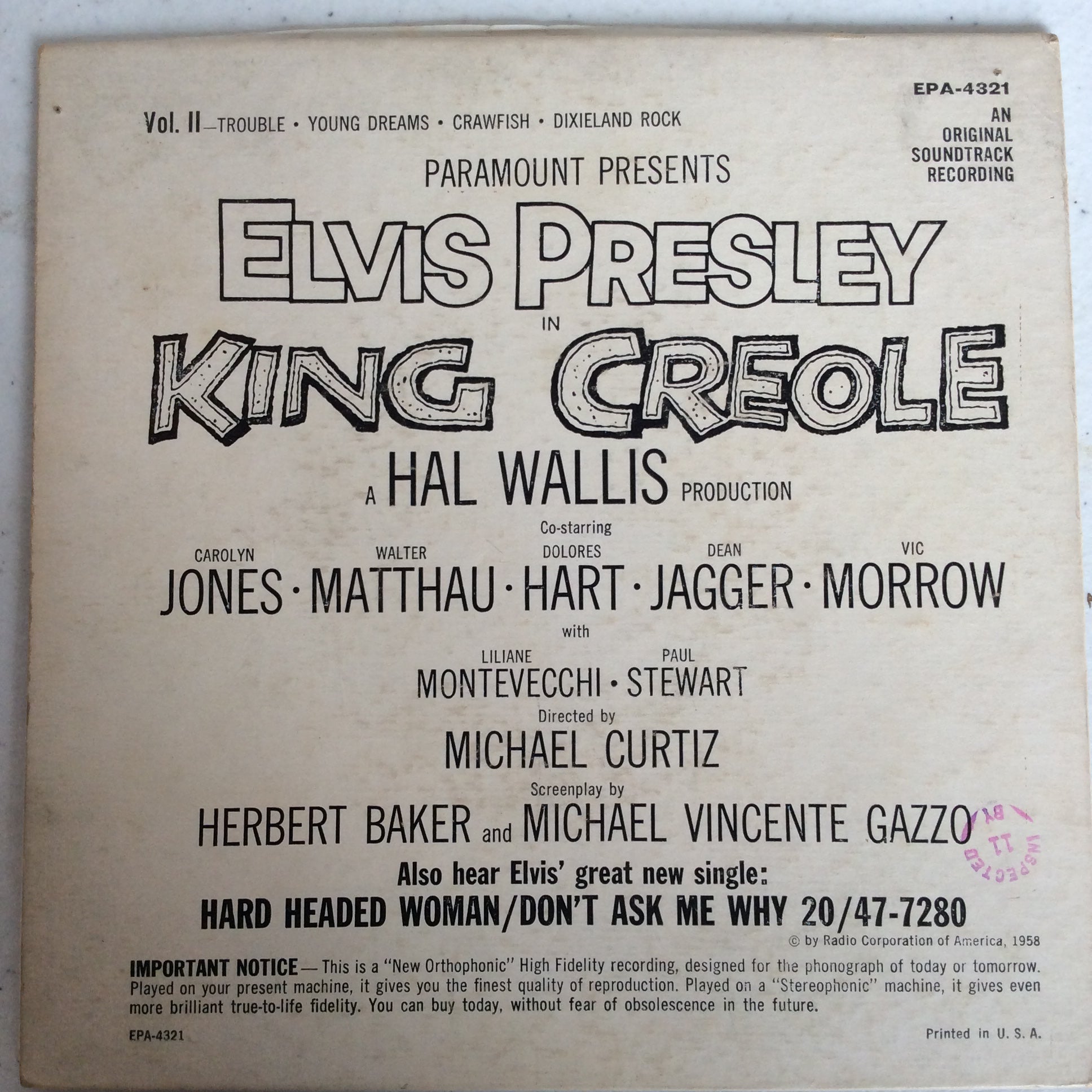 King Creole Vol.2 (7" VINYL) | Very Good (VG) Very Good Plus (VG+) - ROCK / USED *VERY GOOD+*