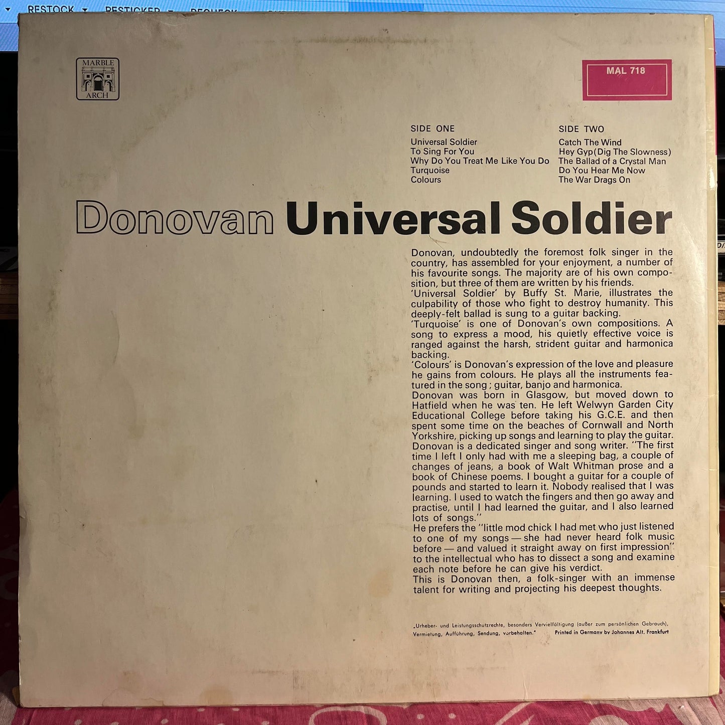 Donovan - Universal Soldier *GERMANY* | Very Good (VG) Excellent (EX) - ROCK / USED *VERY GOOD*