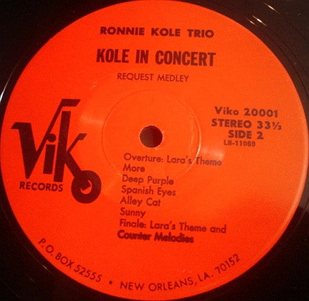 Ronnie Kole Trio Kole In Concert Viko Records LP Very Good Plus (VG+) Very Good Plus (VG+)