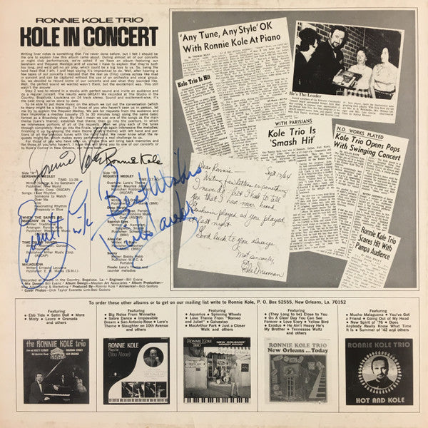 Ronnie Kole Trio Kole In Concert Viko Records LP Very Good Plus (VG+) Very Good Plus (VG+)