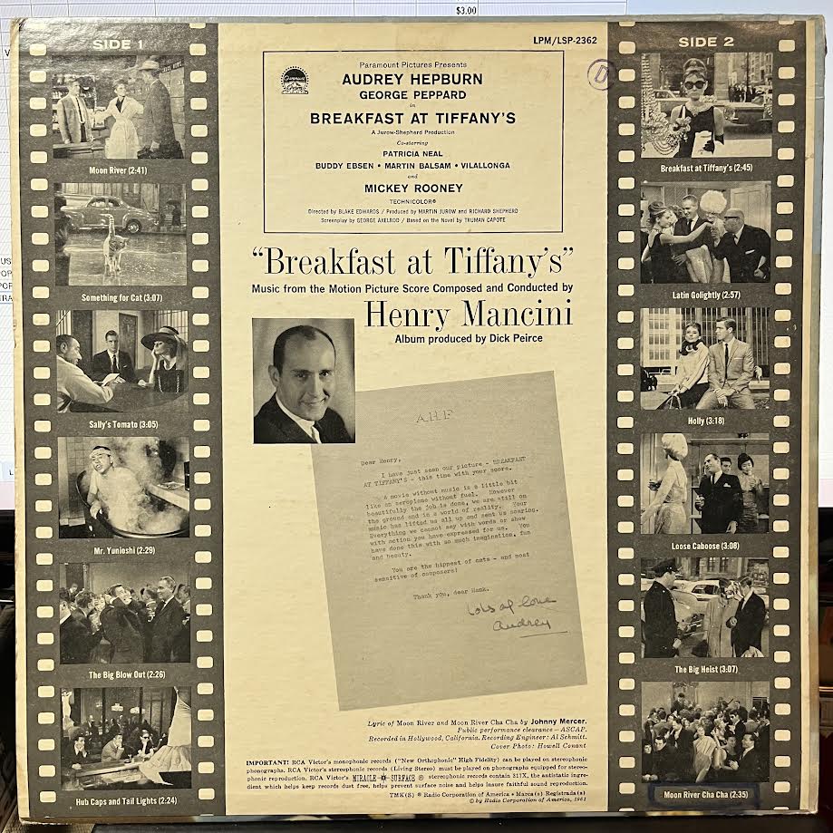 Breakfast At Tiffany's (Music From The Motion Picture Score) (VINYL) | Very Good Plus Plus (VG++) Excellent (EX) - SOUNDTRACK / USED *VERY GOOD++*