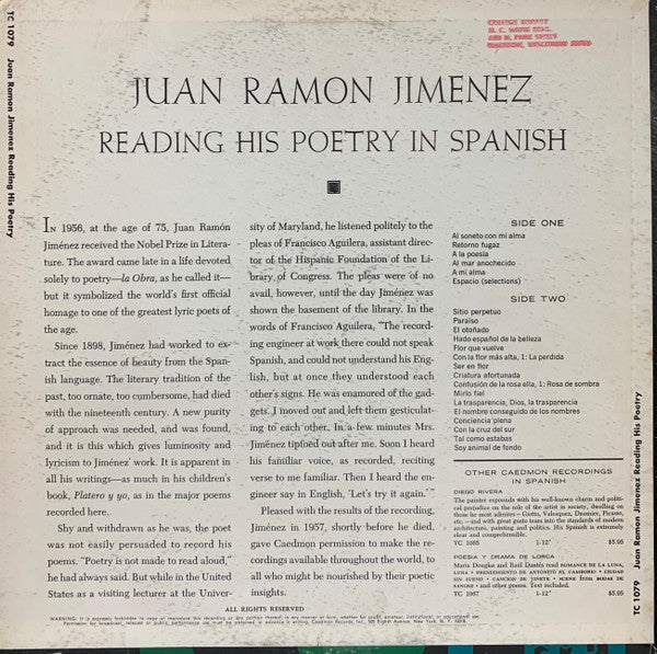 Juan Ramón Jiménez - Reading His Poetry In Spanish | Excellent (EX) Near Mint (NM) - SPOKEN WORD / USED *EXCELLENT*