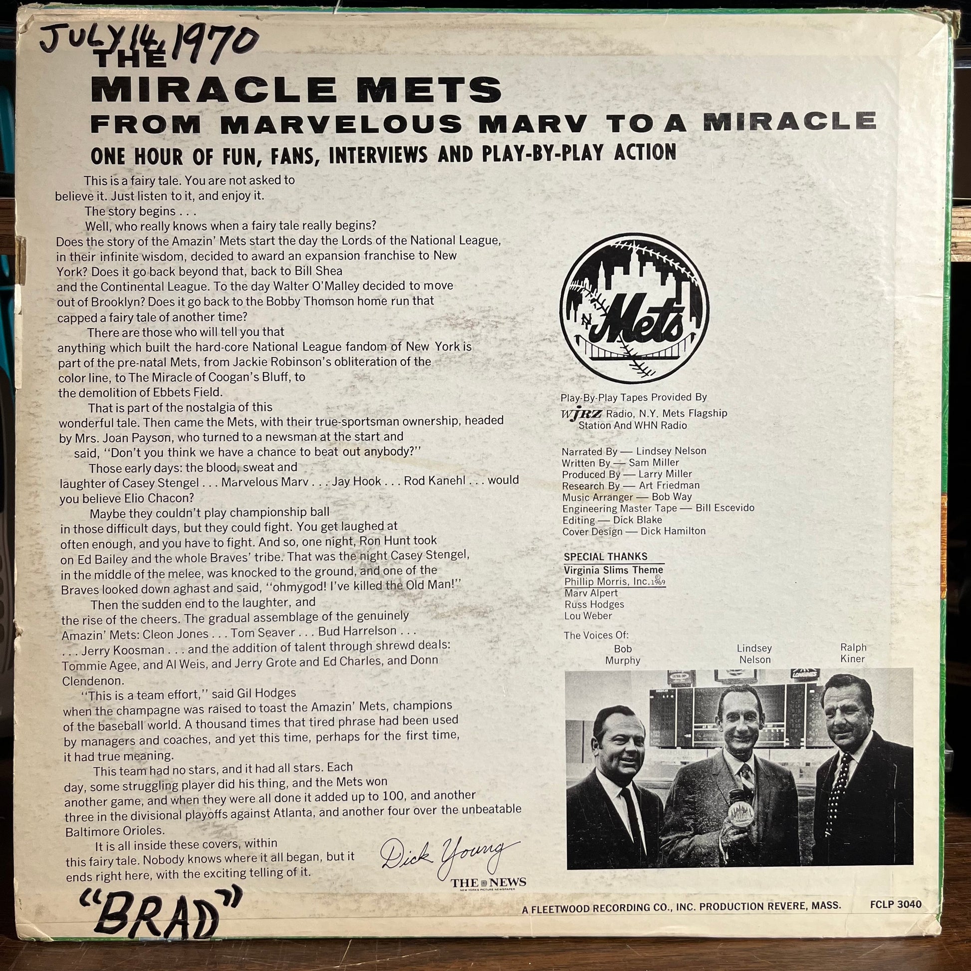 The Miracle Mets - From Marvelous Marv To A Miracle In Play-By-Play Action (VINYL) | Near Mint- (NM-) Excellent (EX) - SPOKEN WORD / USED *NEAR MINT-*