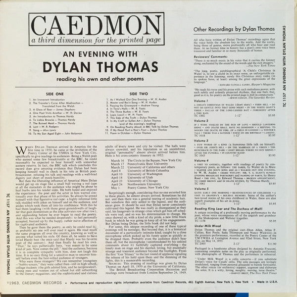 An Evening With Dylan Thomas Reading His Own And Other Poems | Near Mint (NM) Excellent (EX) - SPOKEN WORD / USED *NEAR MINT*