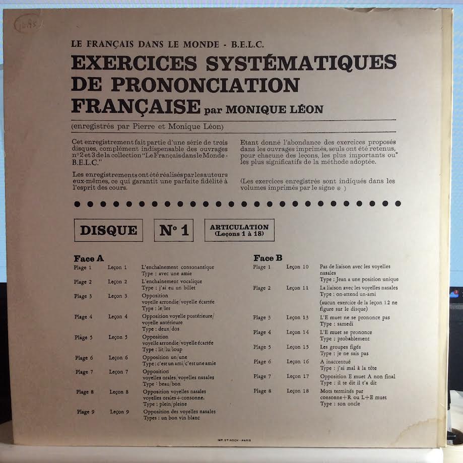 Exercises Systematiques De Prononciation Francaise (VINYL) | Near Mint (NM or M-) Very Good Plus (VG+) - SPOKEN WORD / USED *NEAR MINT*
