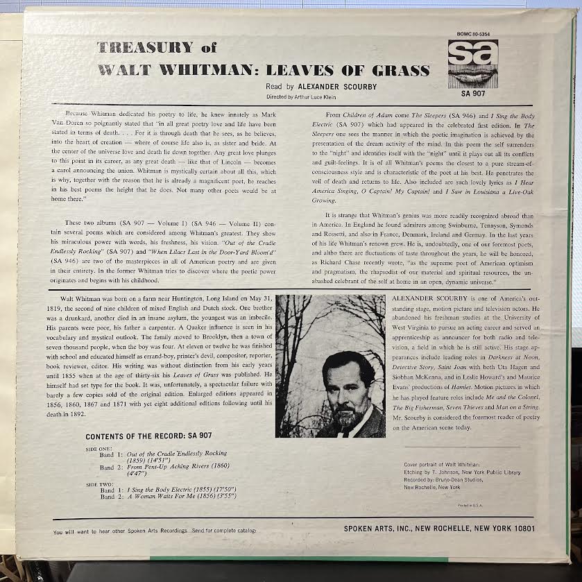 Treasury Of Walt Whitman: Leaves Of Grass (VINYL) | Near Mint (NM) Near Mint (NM) - SPOKEN WORD / USED *NEAR MINT*