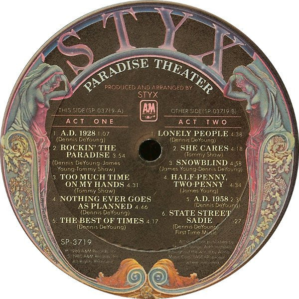 Styx Paradise Theatre A&M Records LP, Album, Etch, Eur Very Good (VG) Very Good (VG)