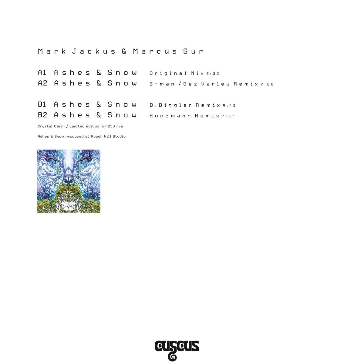 Mark Jackus, Marcus Sur - (PRESALE 07/31/26) Ashes & Snow (BLUE VINYL 12" CusCus Limited CCLDT001) | NEW Mint (M) Mint (M) - TECH HOUSE *NEW/COLOR*