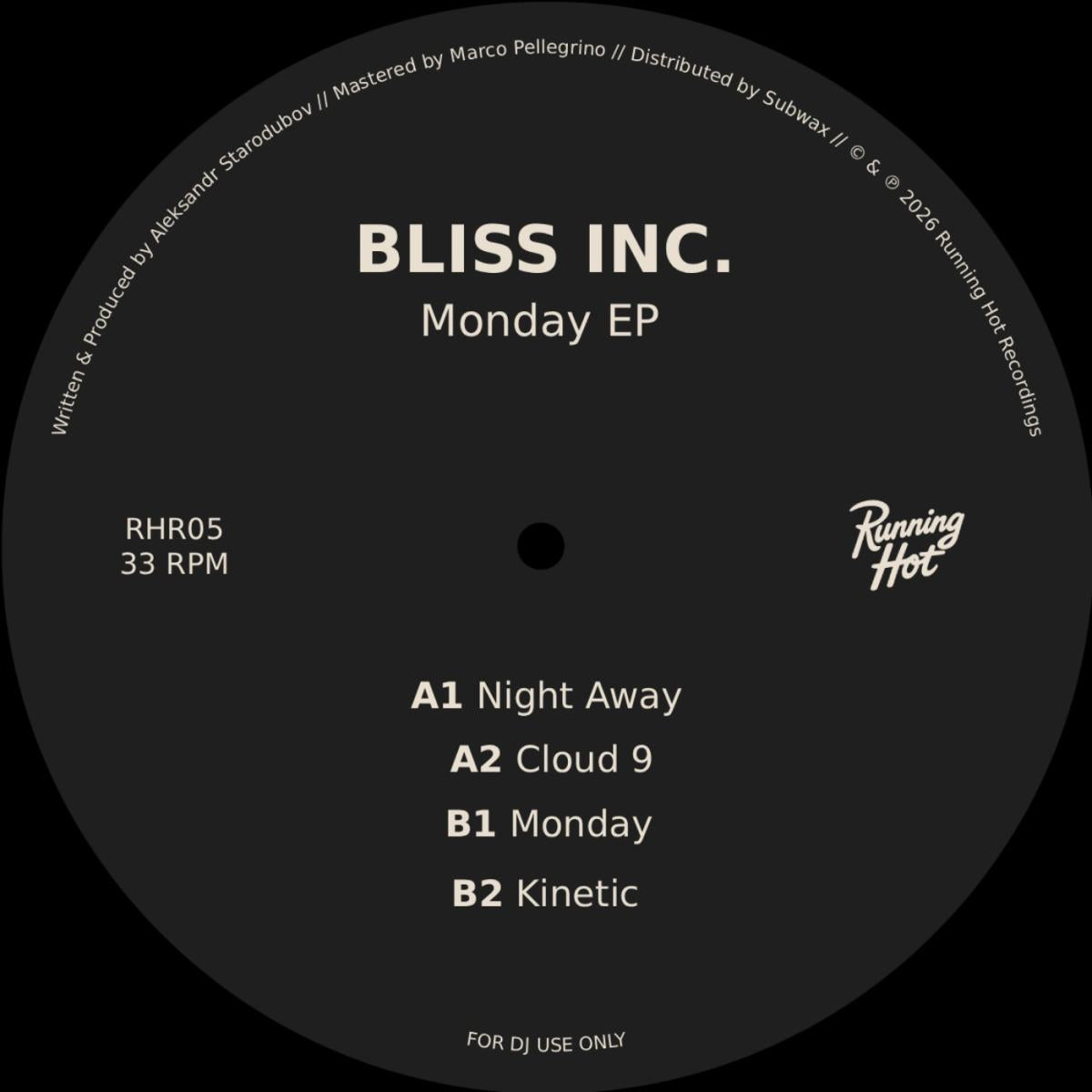 Bliss Inc. - (PRESALE TBD) Monday (VINYL 12" Running Hot) | NEW - TECH HOUSE *NEW*
