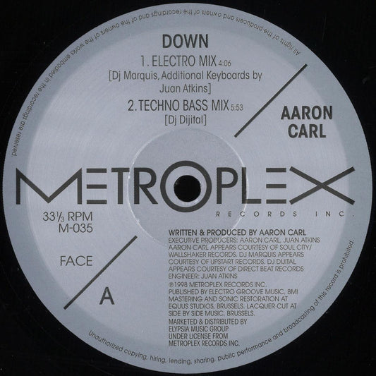 Aaron Carl - Down (VINYL 12" Metroplex) | NEW - TECHNO/ELECTRO *NEW*
