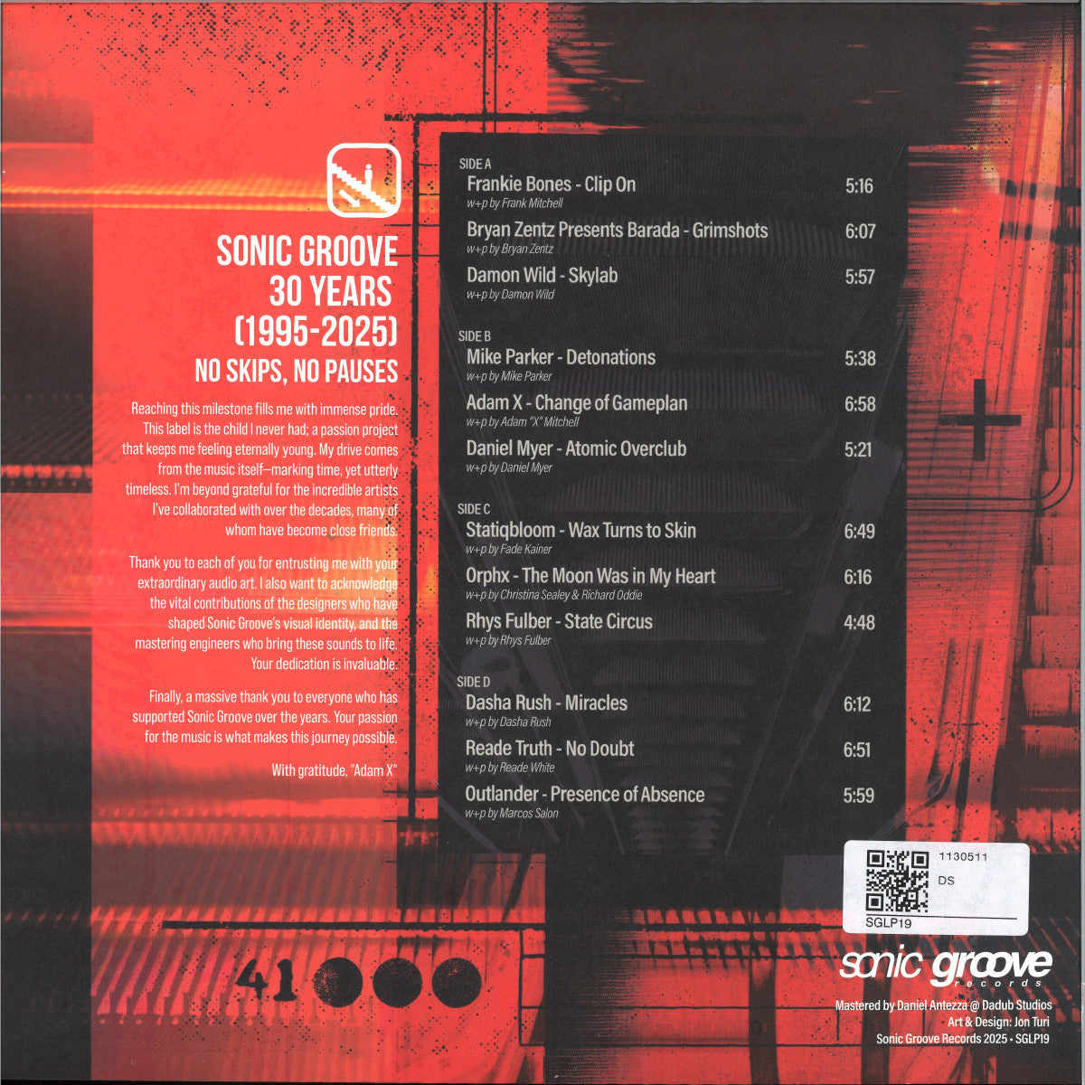 Various - Sonic Groove : 30 Years 1995-2025 (VINYL 2x12" Sonic Groove SGLP19 2025) | NEW - TECHNO *NEW*