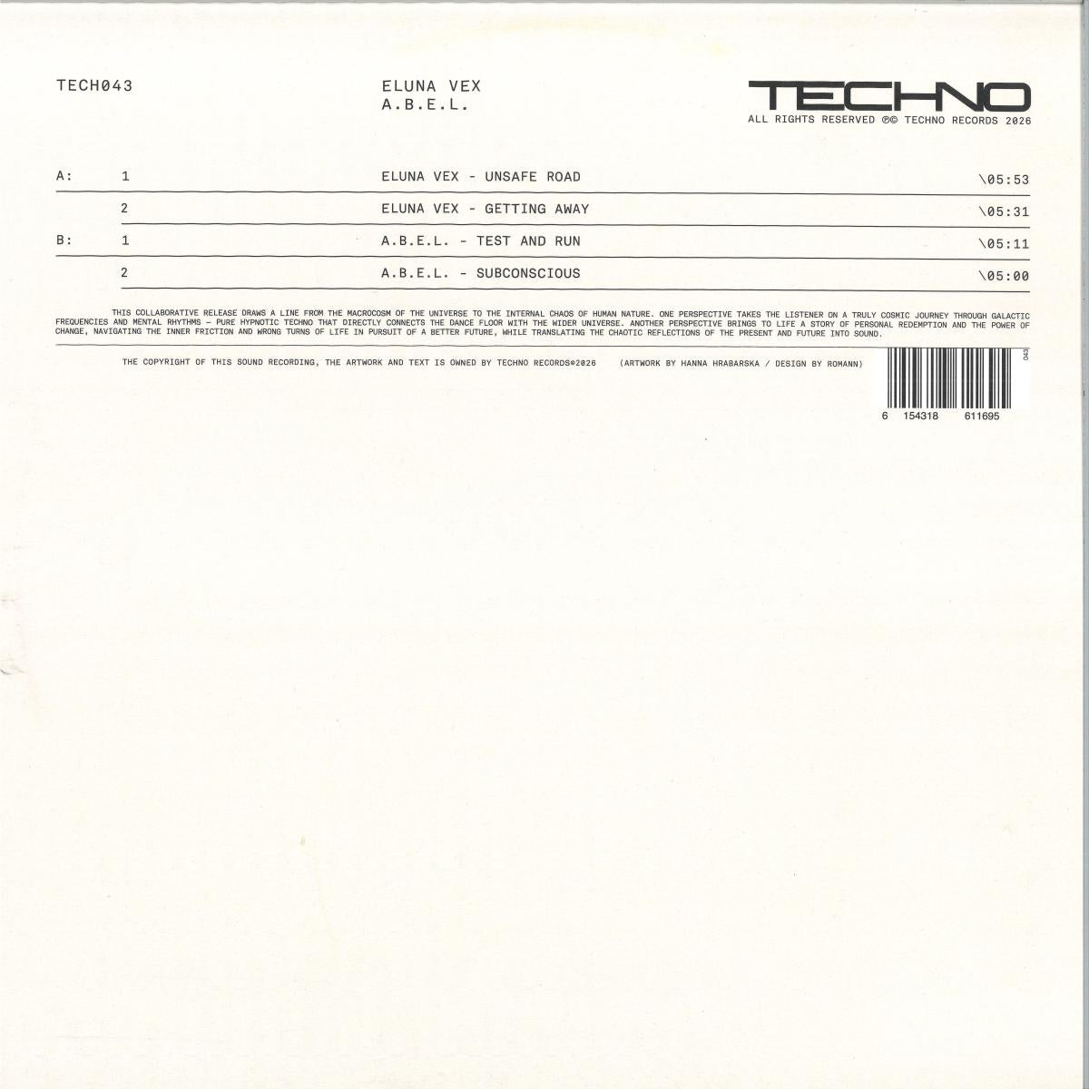 Eluna Vex / A.B.E.L. - (PRESALE 10/8/26) TECH043 (VINYL 12" TECHNO) | NEW - TECHNO *NEW*