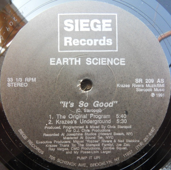 Earth Science - It's So Good (VINYL 12" SIEGE SR 209 1991) | USED Very Good Plus Plus (VG++) Generic - TECHNO / USED *VERY GOOD++*