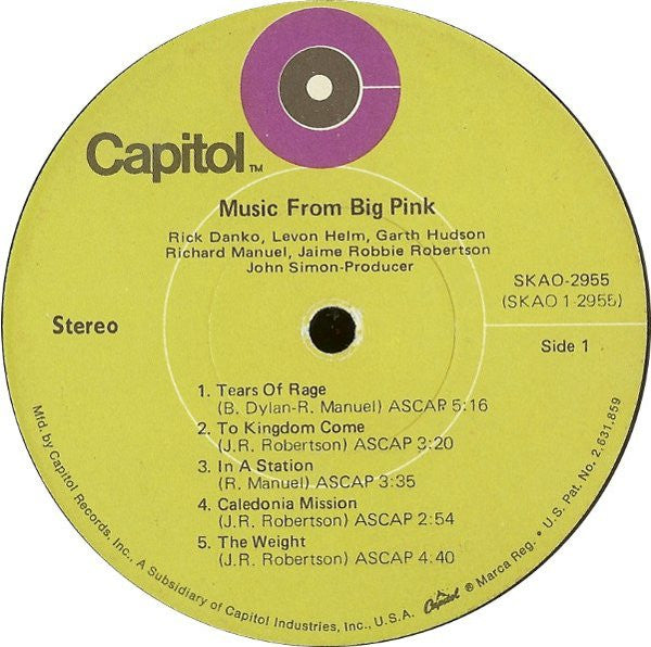 The Band Music From Big Pink Capitol Records LP, Album, RP, Gre Good (G) Very Good (VG)