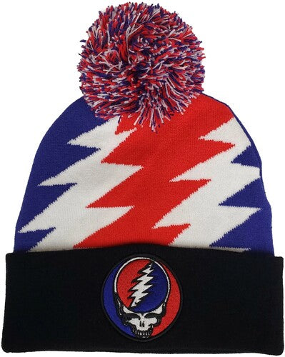 The Grateful Dead - Grateful Dead - Steal Your Face Patch - Knit Pom Hat - Jacquard Lighting Bolt Red/White/Blue/Black BN25GFD265 (Hat, One Size Fits All, Black) |