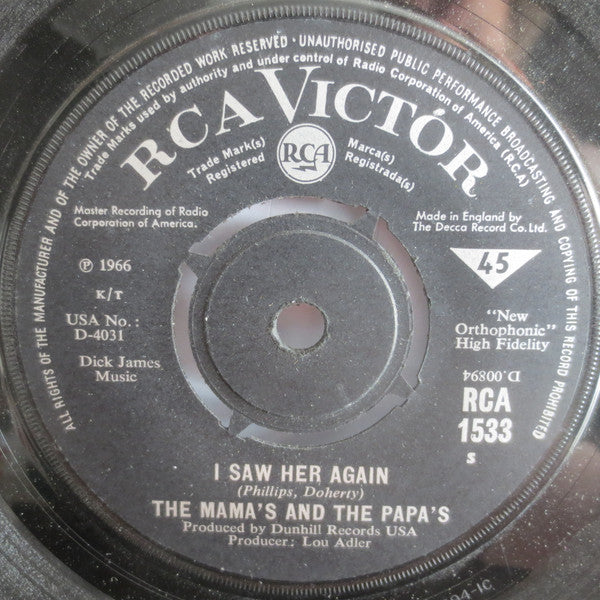 The Mamas & The Papas I Saw Her Again RCA Victor 7", Single Very Good (VG) Generic