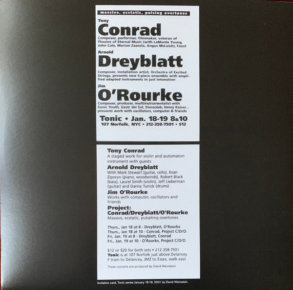 Tony Conrad, Arnold Dreyblatt, Jim O'Rourke Tonic 19-01-2001 Black Truffle LP, Album Mint (M) Mint (M)