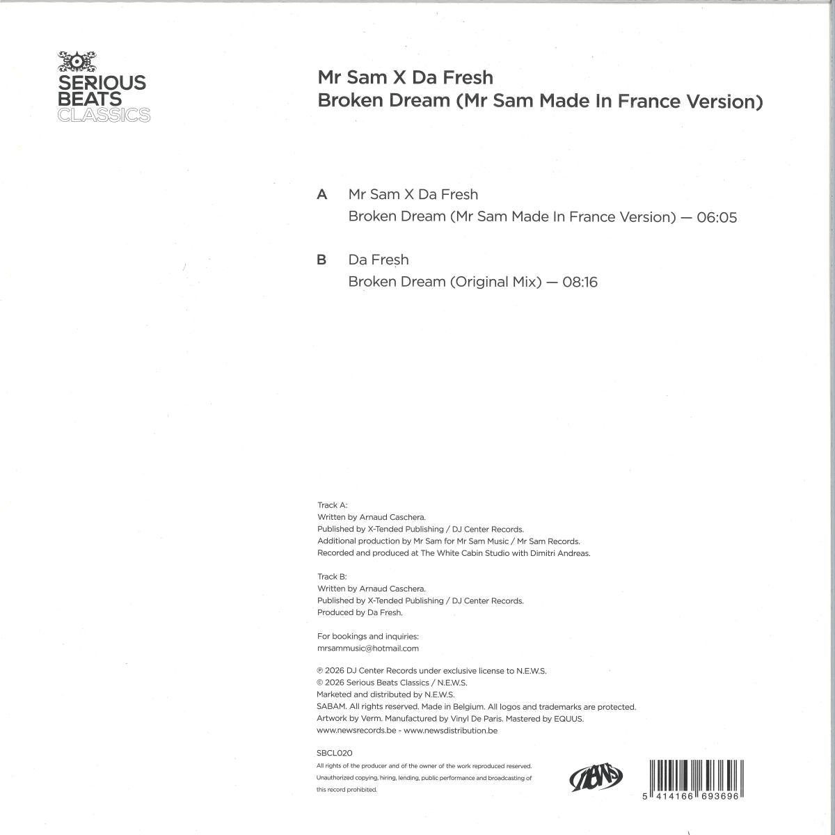 Mr Sam X Da Fresh - Broken Dream (Mr Sam Made In France Version) (VINYL 12" Serious Beats Classics SBCL020) | NEW Mint (M) Mint (M) - TRANCE *NEW*