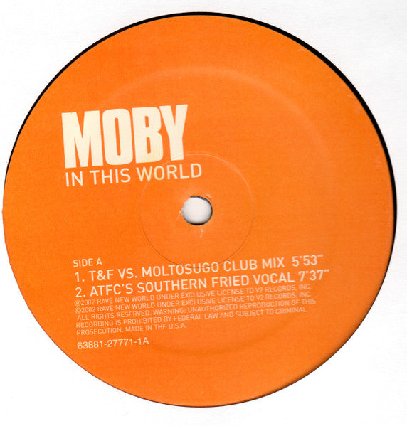 Moby - In This World / In My Heart | Excellent (EX) Excellent (EX) - TRANCE / USED *EXCELLENT*