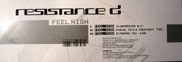 Resistance D Feel High 12" Very Good Plus (VG+) Excellent (EX)