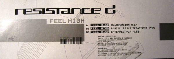 Resistance D - Feel High | Very Good Plus (VG+) Excellent (EX) - TRANCE / USED *VERY GOOD+*