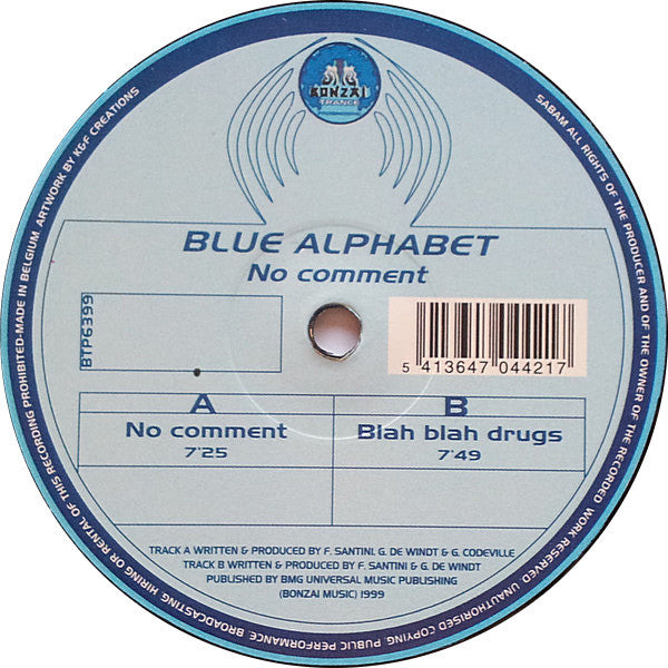 Blue Alphabet - No Comment / Blah Blah Drugs | Very Good Plus (VG+) Very Good (VG) - TRANCE / USED *VERY GOOD+*
