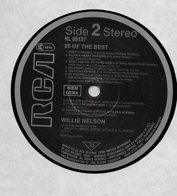 Willie Nelson 20 Of The Best RCA International LP, Comp, RE Near Mint (NM or M-) Near Mint (NM or M-)
