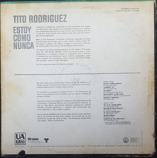 Tito Rodriguez - Estoy Como Nunca (VINYL LP) | Near Mint (NM or M-) Excellent (EX) - WORLD/LATIN / USED *NEAR MINT*