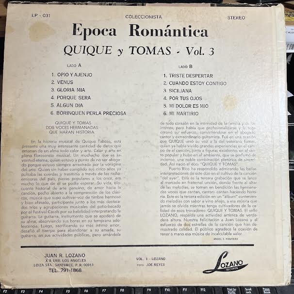 Epoca Romantica Con Quique y Tomas Vol 3 (VINYL) | Very Good Plus (VG+) Very Good (VG) - WORLD/LATIN / USED *VERY GOOD+*
