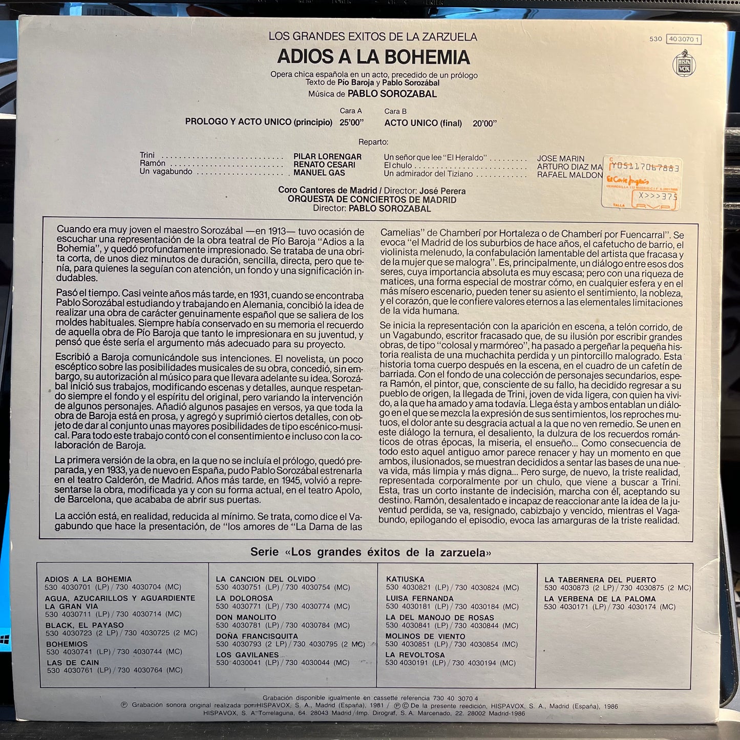 Pablo Sorozabal - Adios A La Bohemia | Excellent (EX) Near Mint (NM) - WORLD / USED *EXCELLENT+*