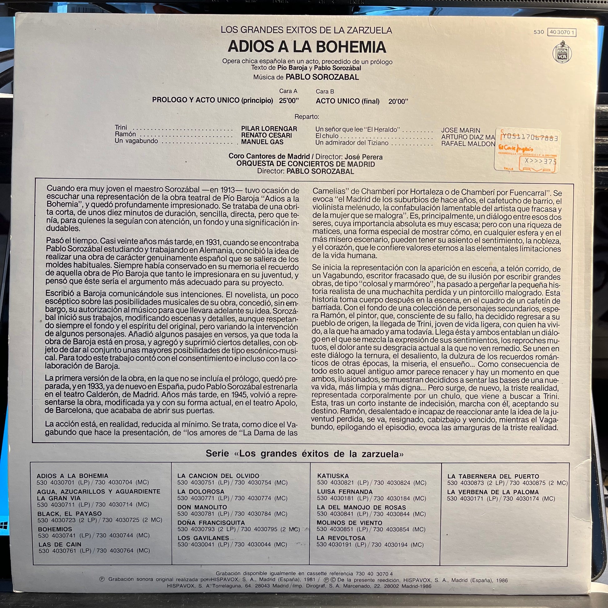 Pablo Sorozabal - Adios A La Bohemia | Excellent (EX) Near Mint (NM) - WORLD / USED *EXCELLENT+*