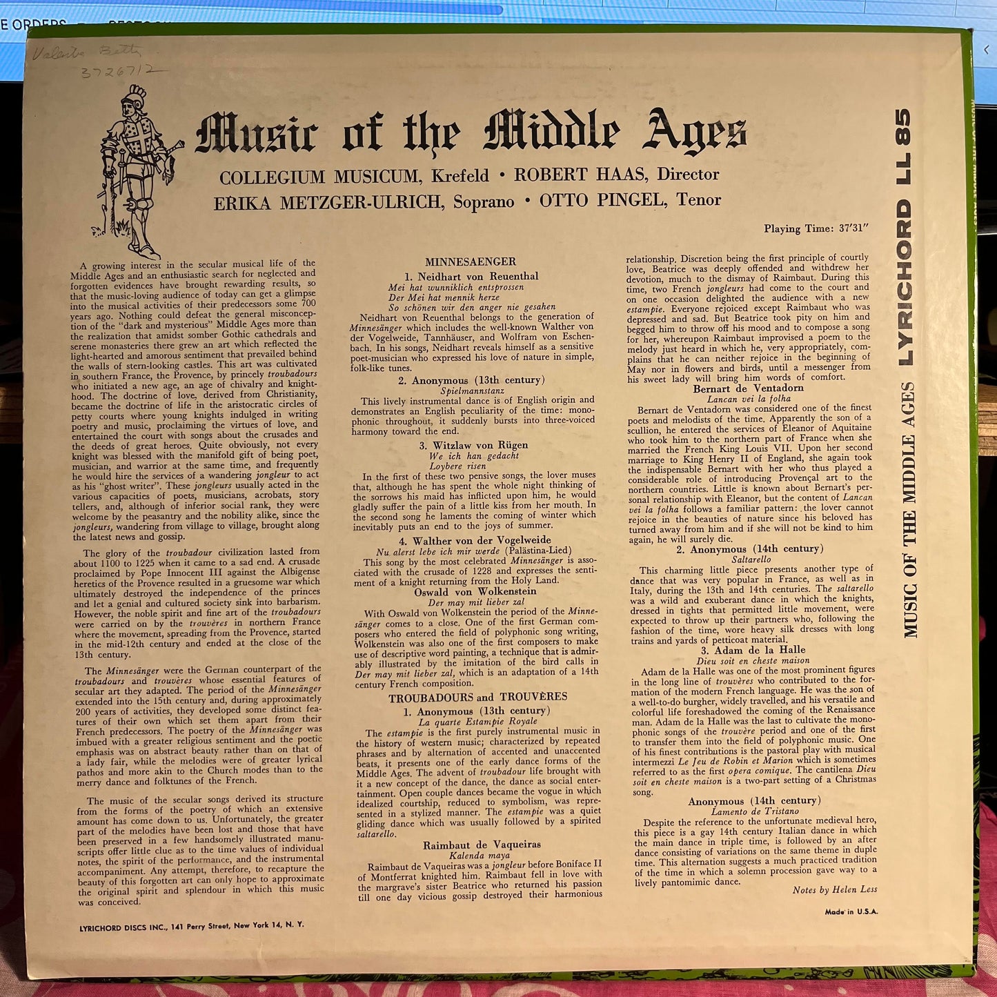 Collegium Musicum, Krefeld - Music Of The Middle Ages | Excellent (EX) Near Mint (NM) - WORLD / USED *EXCELLENT*