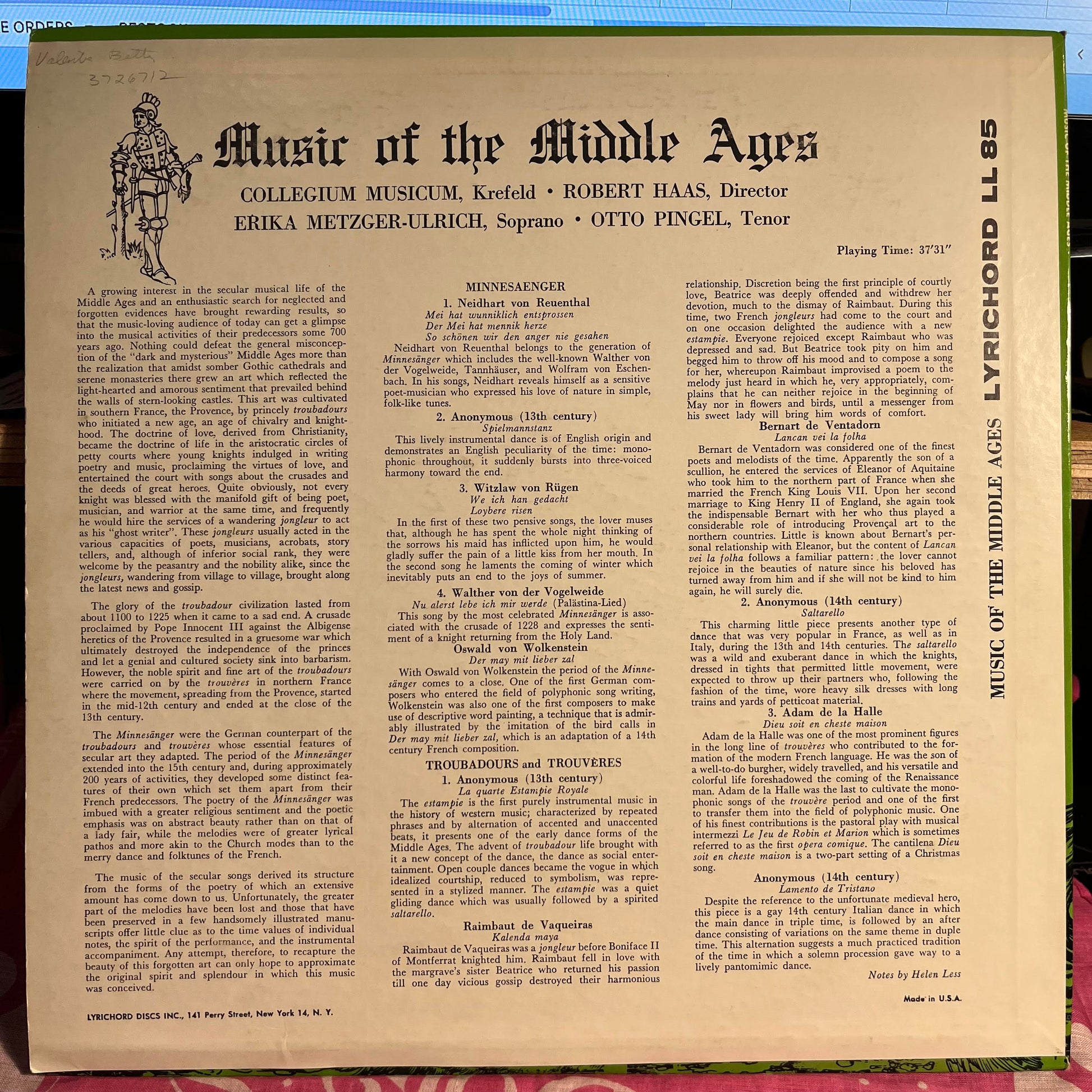 Collegium Musicum, Krefeld - Music Of The Middle Ages | Excellent (EX) Near Mint (NM) - WORLD / USED *EXCELLENT*