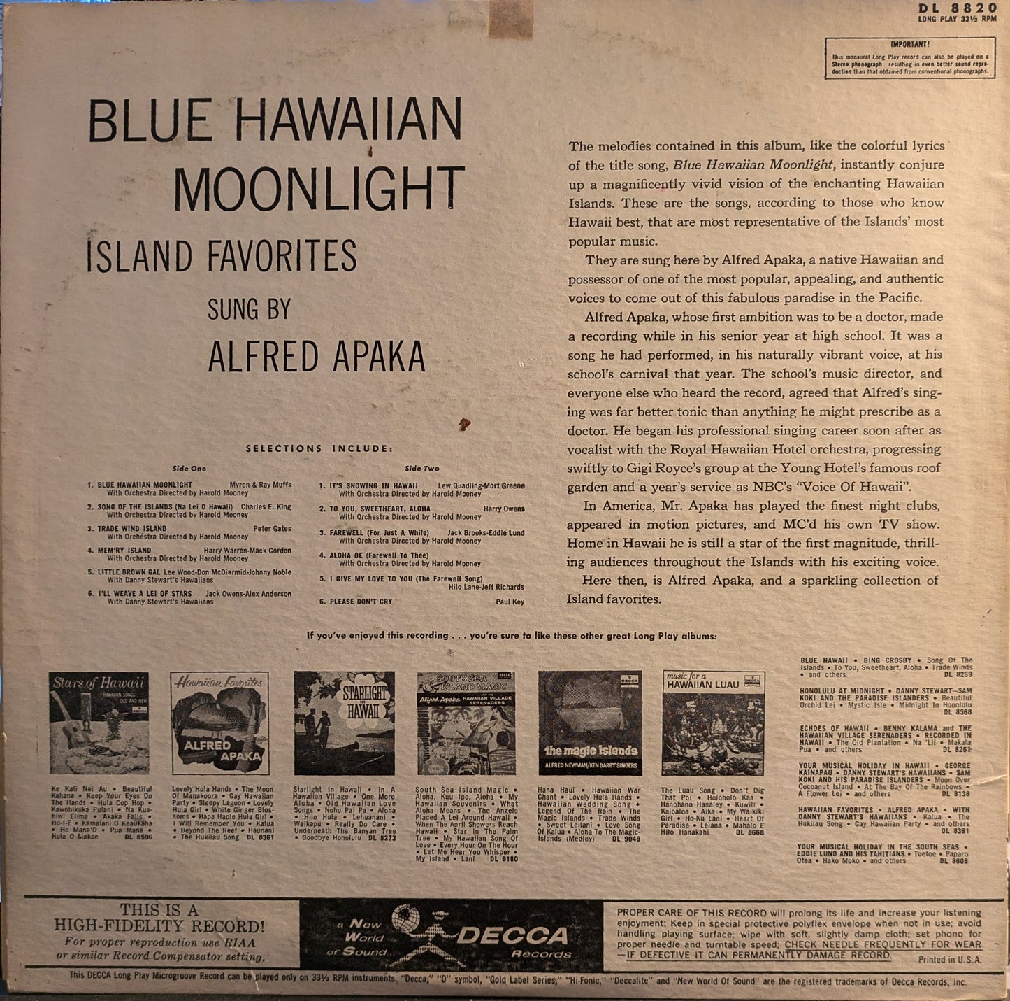 Alfred Apaka - Blue Hawaiian Moonlight Island Favorites | Very Good Plus (VG+) Excellent (EX) - WORLD / USED *VERY GOOD+*
