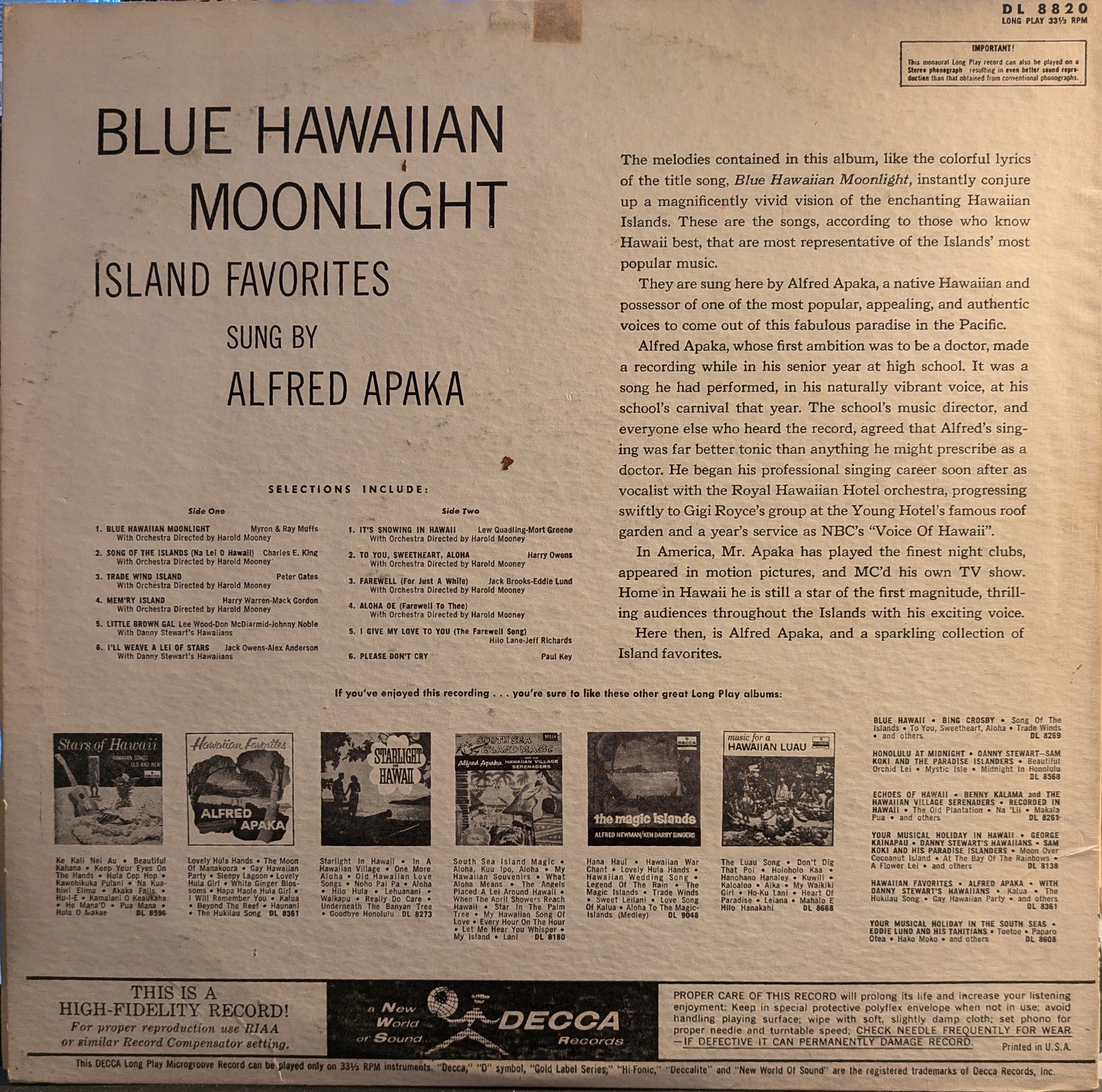 Alfred Apaka - Blue Hawaiian Moonlight Island Favorites | Very Good Plus (VG+) Excellent (EX) - WORLD / USED *VERY GOOD+*